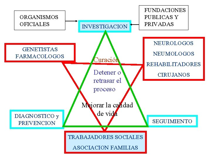 ORGANISMOS OFICIALES GENETISTAS FARMACOLOGOS INVESTIGACION NEUROLOGOS Curación Detener o retrasar el proceso DIAGNOSTICO y