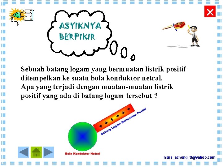  Sebuah batang logam yang bermuatan listrik positif ditempelkan ke suatu bola konduktor netral.