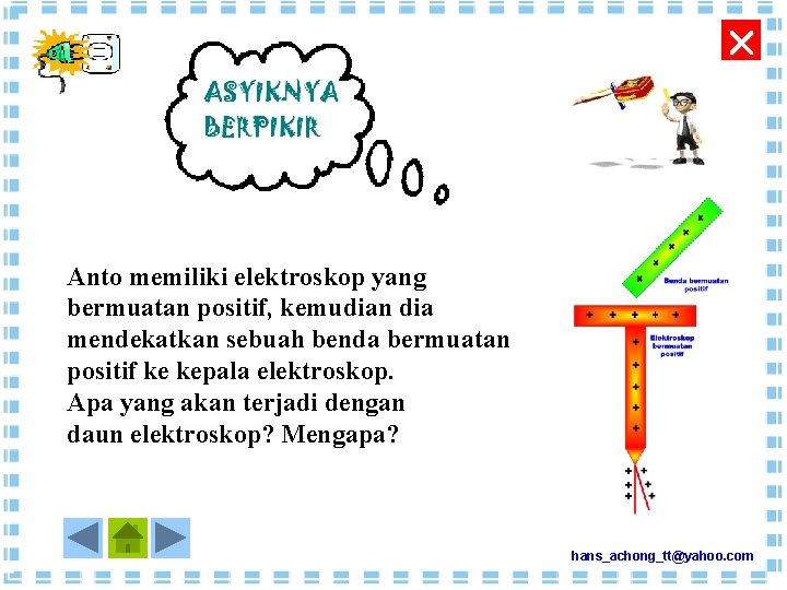  Anto memiliki elektroskop yang bermuatan positif, kemudian dia mendekatkan sebuah benda bermuatan positif