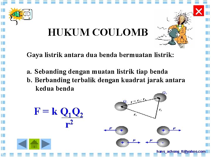  HUKUM COULOMB Gaya listrik antara dua benda bermuatan listrik: a. Sebanding dengan muatan