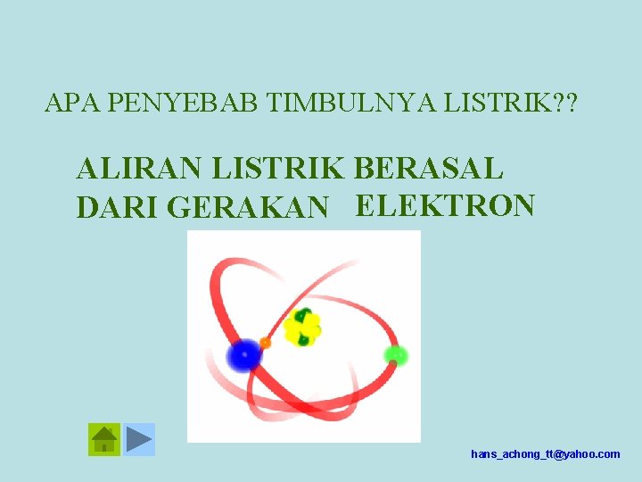 APA PENYEBAB TIMBULNYA LISTRIK? ? ALIRAN LISTRIK BERASAL DARI GERAKAN ELEKTRON hans_achong_tt@yahoo. com 