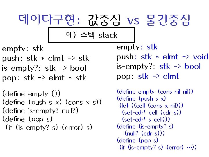 데이타구현: 값중심 vs 물건중심 예) 스택 stack empty: stk push: stk * elmt ->