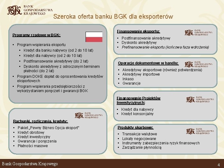 Szeroka oferta banku BGK dla eksporterów Programy rządowe w BGK: • Program wspierania eksportu