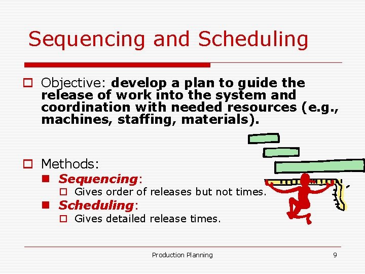 Sequencing and Scheduling o Objective: develop a plan to guide the release of work