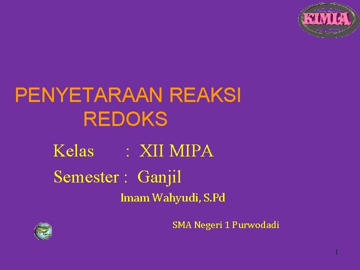 PENYETARAAN REAKSI REDOKS Kelas : XII MIPA Semester : Ganjil Imam Wahyudi, S. Pd