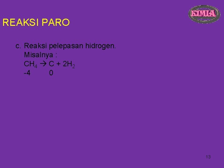 REAKSI PARO c. Reaksi pelepasan hidrogen. Misalnya : CH 4 C + 2 H