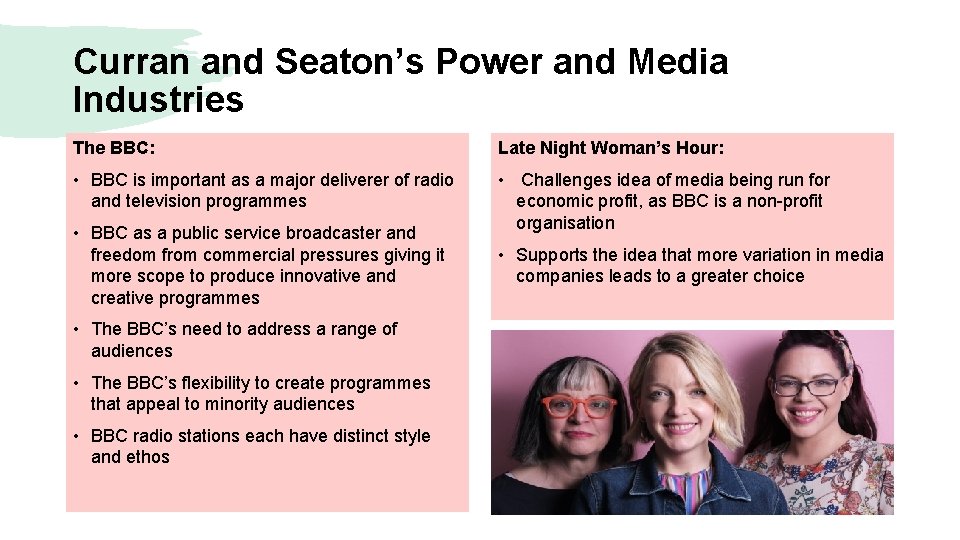 Curran and Seaton’s Power and Media Industries The BBC: Late Night Woman’s Hour: •