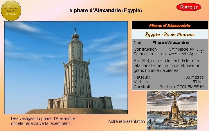 Retour Le phare d’Alexandrie (Egypte) Phare d’Alexandrie Égypte - Île de Pharaos Nom :