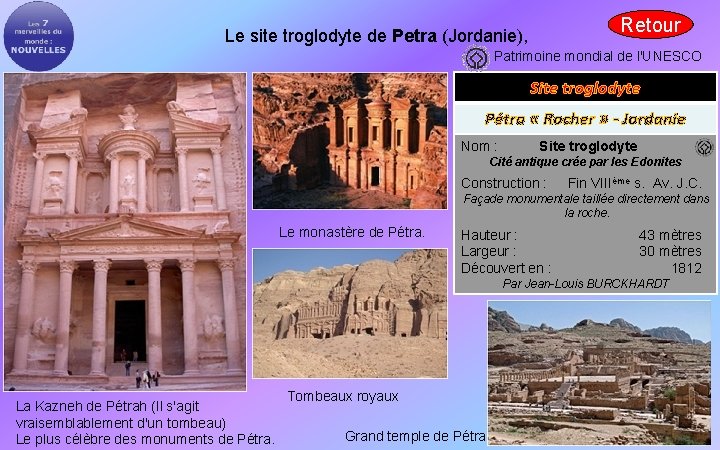 Retour Le site troglodyte de Petra (Jordanie), Patrimoine mondial de l'UNESCO Site troglodyte Pétra