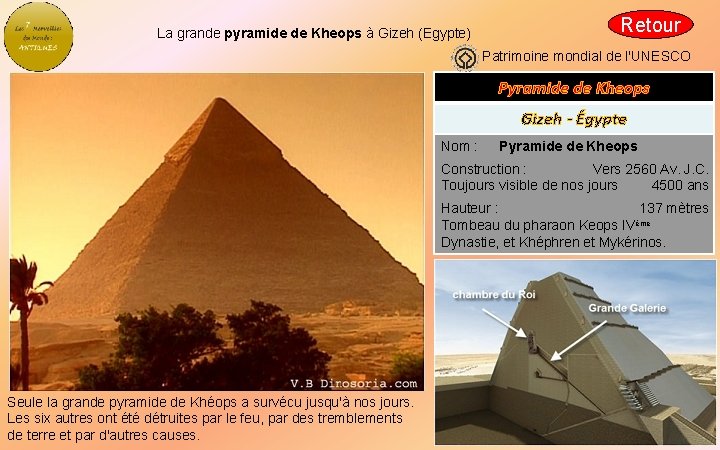 La grande pyramide de Kheops à Gizeh (Egypte) Retour Patrimoine mondial de l'UNESCO Pyramide