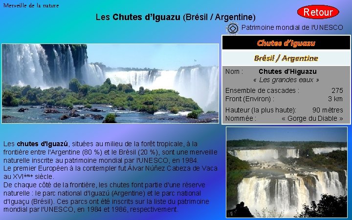 Merveille de la nature Retour Les Chutes d’Iguazu (Brésil / Argentine) Patrimoine mondial de