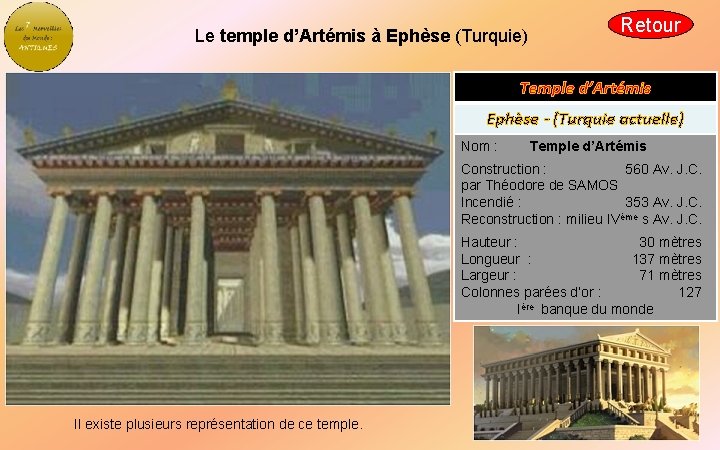 Le temple d’Artémis à Ephèse (Turquie) Retour Temple d’Artémis Ephèse - (Turquie actuelle) Nom