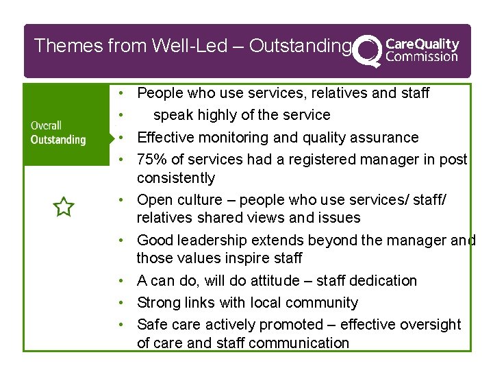 Themes from Well-Led – Outstanding • People who use services, relatives and staff •
