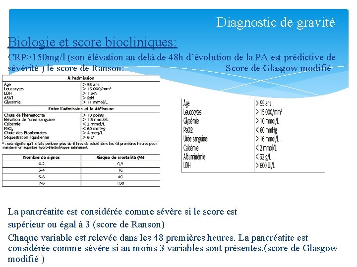 Diagnostic de gravité Biologie et score biocliniques: CRP>150 mg/l (son élévation au delà de