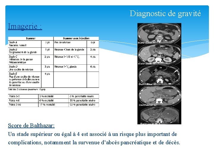 Diagnostic de gravité Imagerie : Score de Balthazar: Un stade supérieur ou égal à