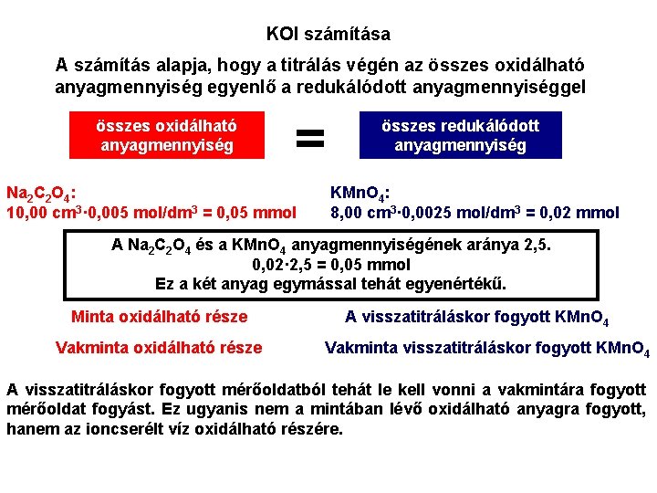 KOI számítása A számítás alapja, hogy a titrálás végén az összes oxidálható anyagmennyiség egyenlő KOI számítása A számítás alapja, hogy a titrálás végén az összes oxidálható anyagmennyiség egyenlő