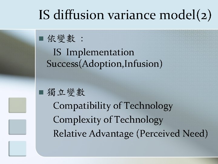 IS diffusion variance model(2) n 依變數 : IS Implementation Success(Adoption, Infusion) n 獨立變數 Compatibility