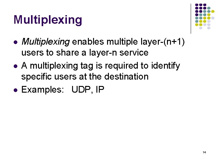 Multiplexing Multiplexing enables multiple layer-(n+1) users to share a layer-n service A multiplexing tag