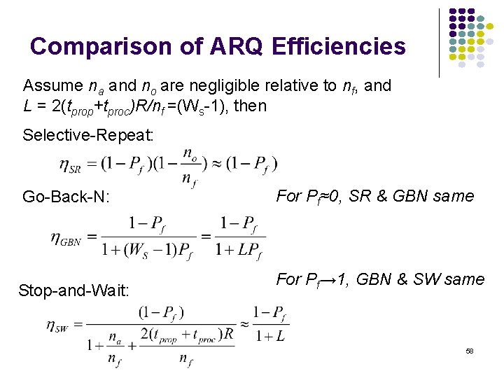 Comparison of ARQ Efficiencies Assume na and no are negligible relative to nf, and