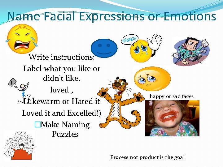 Name Facial Expressions or Emotions Write instructions: Label what you like or didn't like,
