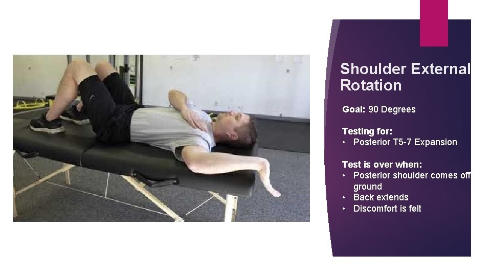 Shoulder External Rotation Goal: 90 Degrees Testing for: • Posterior T 5 -7 Expansion