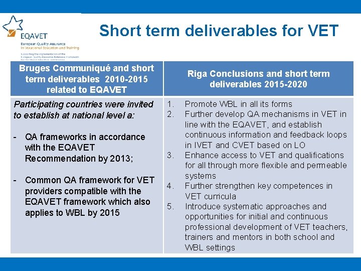 Short term deliverables for VET Bruges Communiqué and short term deliverables 2010 -2015 related