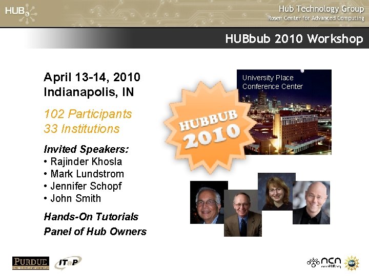 HUBbub 2010 Workshop April 13 -14, 2010 Indianapolis, IN 102 Participants 33 Institutions Invited