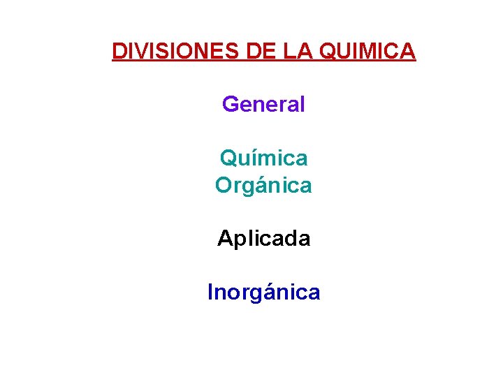 DIVISIONES DE LA QUIMICA General Química Orgánica Aplicada Inorgánica 