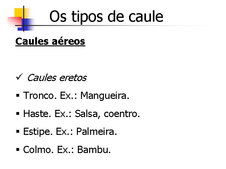 Os tipos de caule Caules aéreos ü Caules eretos § Tronco. Ex. : Mangueira.