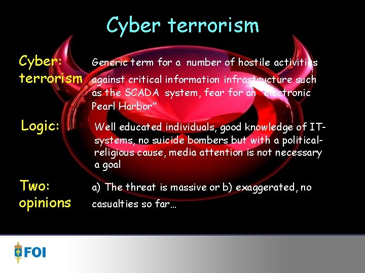 Cyber terrorism Cyber: terrorism Generic term for a number of hostile activities Logic: Well