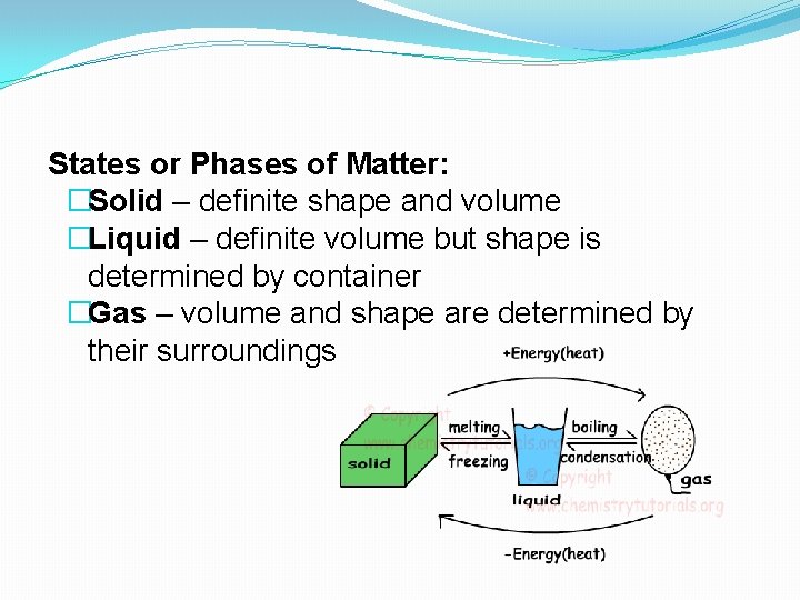 States or Phases of Matter: �Solid – definite shape and volume �Liquid – definite