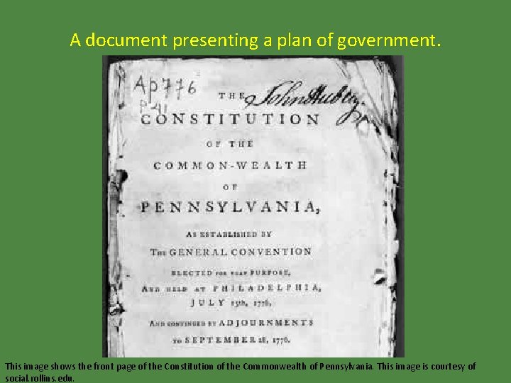 A document presenting a plan of government. This image shows the front page of