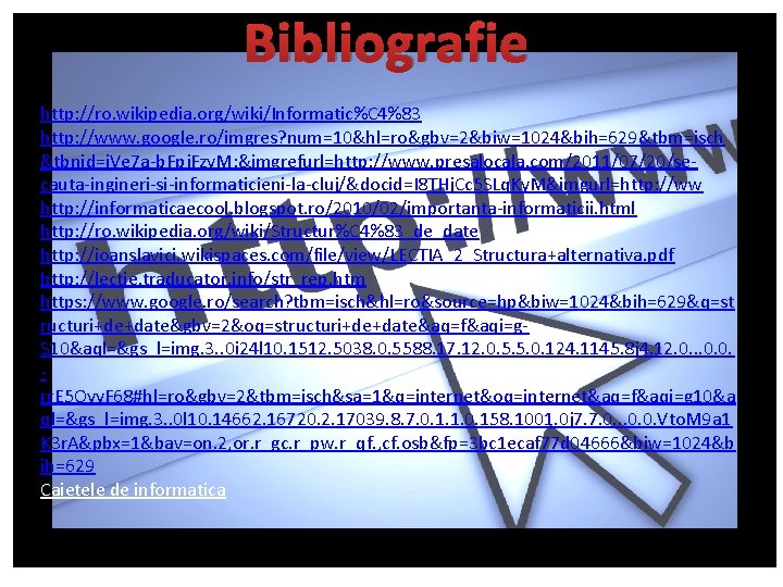 Bibliografie http: //ro. wikipedia. org/wiki/Informatic%C 4%83 http: //www. google. ro/imgres? num=10&hl=ro&gbv=2&biw=1024&bih=629&tbm=isch &tbnid=i. Ve 7