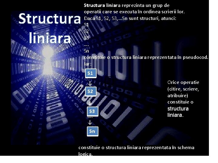 Structura liniara reprezinta un grup de operatii care se executa în ordinea scrierii lor.