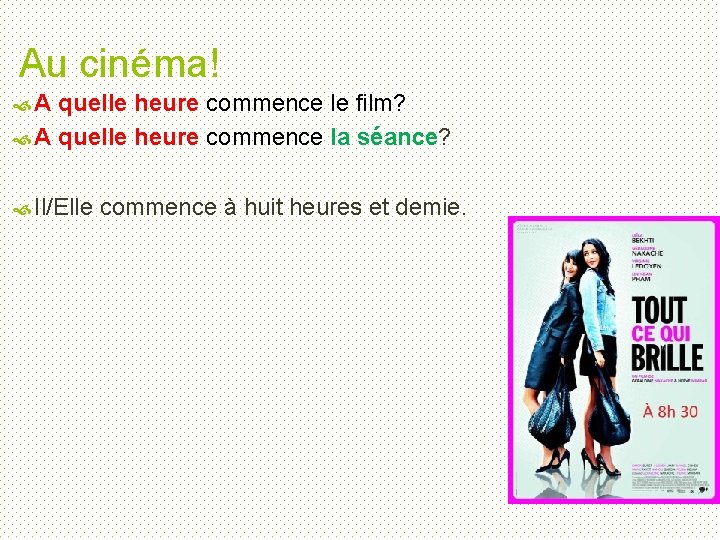 Au cinéma! A quelle heure commence le film? A quelle heure commence la séance?