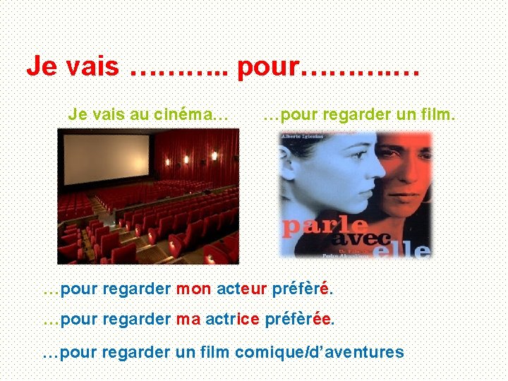 Je vais ………. . pour………. … Je vais au cinéma… …pour regarder un film.