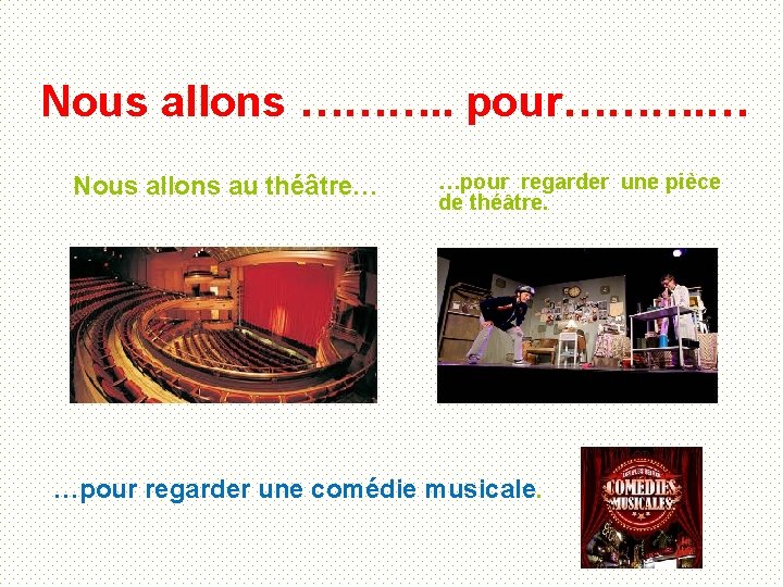 Nous allons ………. . pour………. … Nous allons au théâtre… …pour regarder une pièce