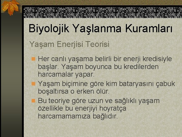 Biyolojik Yaşlanma Kuramları Yaşam Enerjisi Teorisi n Her canlı yaşama belirli bir enerji kredisiyle