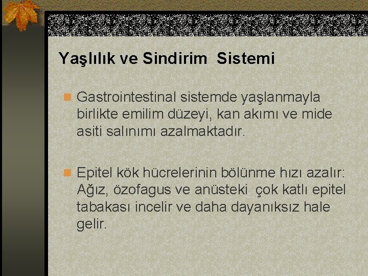 Yaşlılık ve Sindirim Sistemi n Gastrointestinal sistemde yaşlanmayla birlikte emilim düzeyi, kan akımı ve