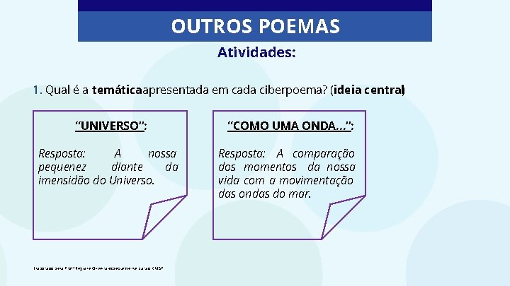 OUTROS POEMAS Atividades: 1. Qual é a temáticaapresentada em cada ciberpoema? (ideia central) “UNIVERSO”: