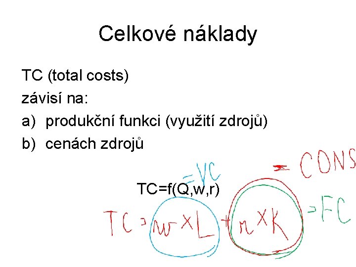 Celkové náklady TC (total costs) závisí na: a) produkční funkci (využití zdrojů) b) cenách