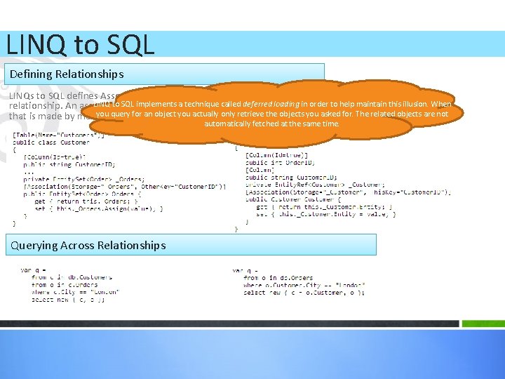 LINQ to SQL Defining Relationships LINQs to SQL defines Association attribute you can apply