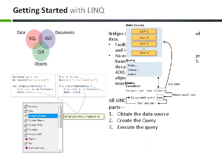Getting Started with LINQ Bridges the gap between world of objects and data. •