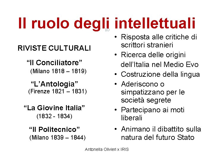 Il ruolo degli intellettuali 10 RIVISTE CULTURALI “Il Conciliatore” (Milano 1818 – 1819) “L’Antologia”