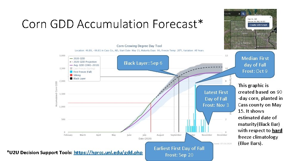 Corn GDD Accumulation Forecast* Median First day of Fall Frost: Oct 9 Black Layer:
