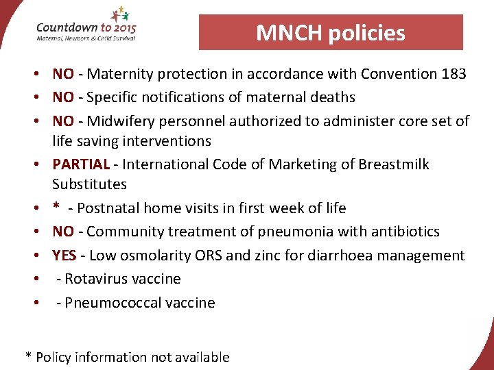 MNCH policies • NO - Maternity protection in accordance with Convention 183 • NO