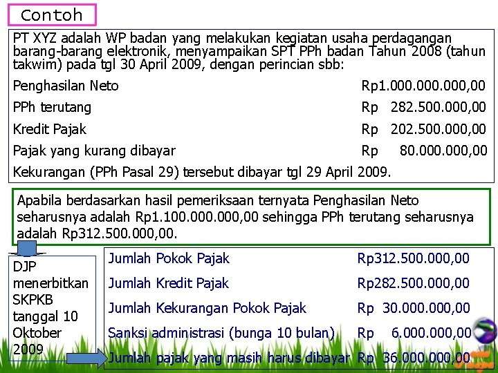 Contoh PT XYZ adalah WP badan yang melakukan kegiatan usaha perdagangan barang-barang elektronik, menyampaikan