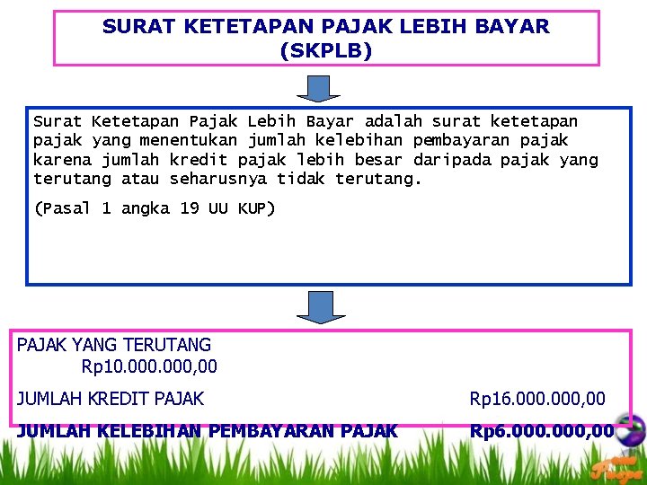 SURAT KETETAPAN PAJAK LEBIH BAYAR (SKPLB) Surat Ketetapan Pajak Lebih Bayar adalah surat ketetapan