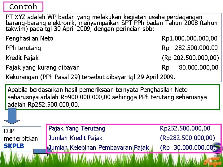 Contoh PT XYZ adalah WP badan yang melakukan kegiatan usaha perdagangan barang-barang elektronik, menyampaikan