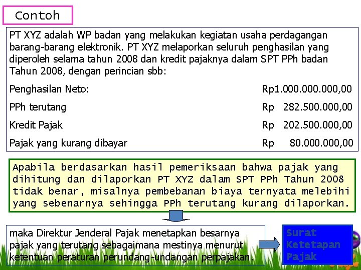 Contoh PT XYZ adalah WP badan yang melakukan kegiatan usaha perdagangan barang-barang elektronik. PT